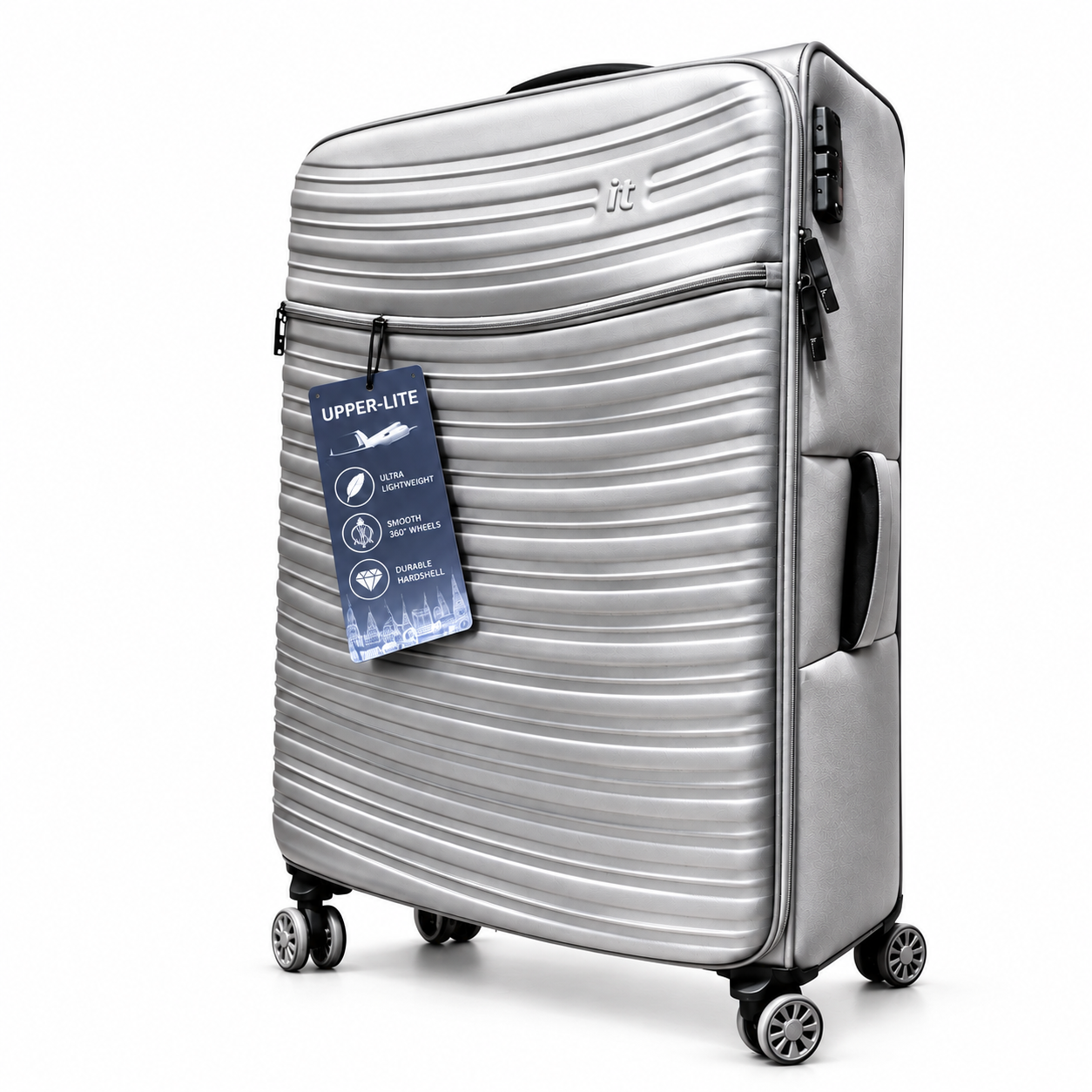 IT Luggage large silver travel suitcase